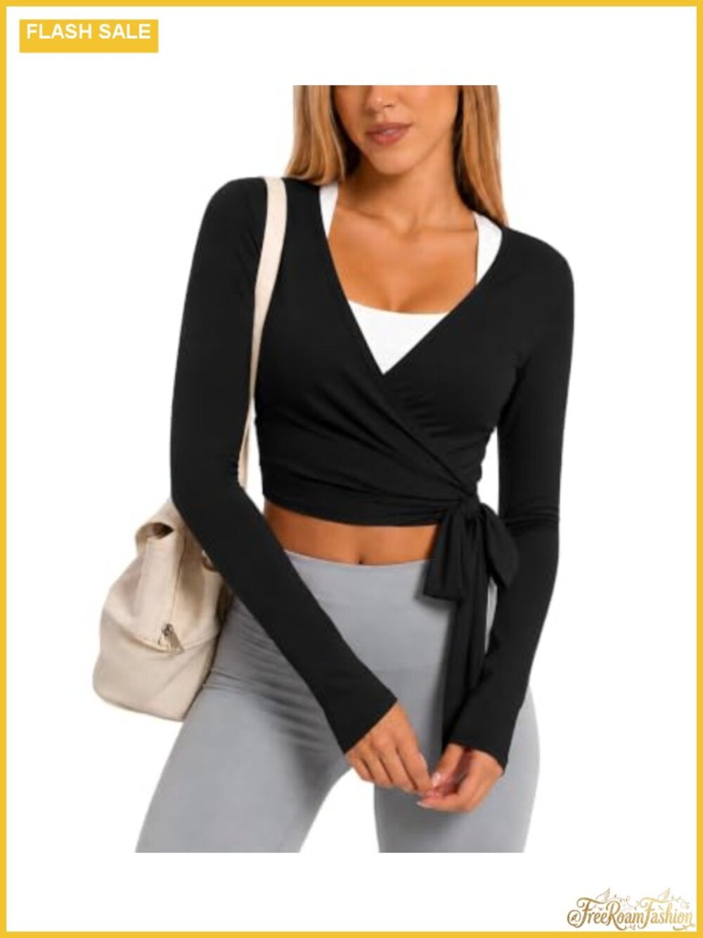 Women's Wrap Crop Top Long Sleeve Tie Front Yoga Ballet Blouse 85% Nylon